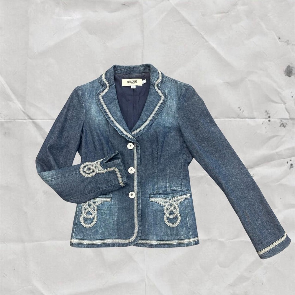 Moschino Blue Jean Jacket with Notched Lapel and White Trim